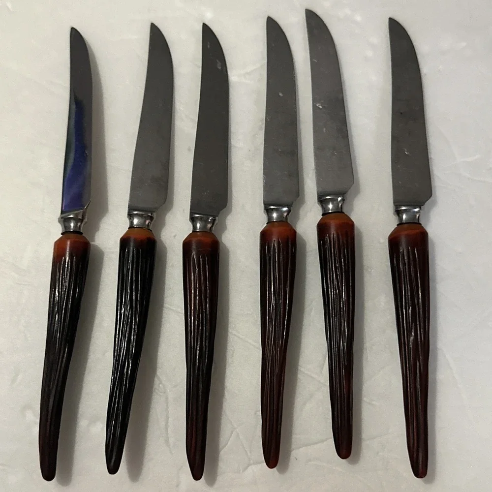 6 VTG Mid Century Sheffield England Stainless Steak Knive Faux Stag Horn Handles